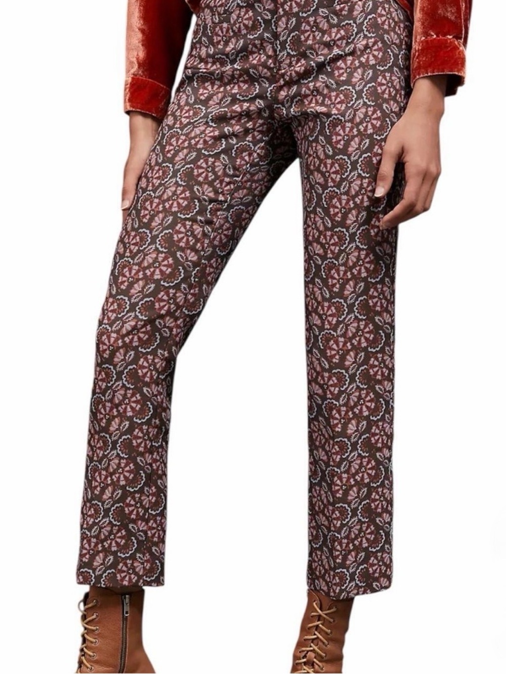 Anthropologie Brown Corduroy Pants with Pink Floral Print